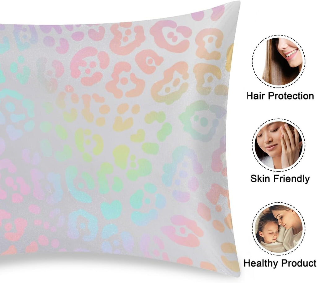 Rainbow Skin Leopard Satin Silk Pillowcase for Hair and Skin Pillow Cases Queen Size Soft Silk Pillow Case with Envelope Closure Print…