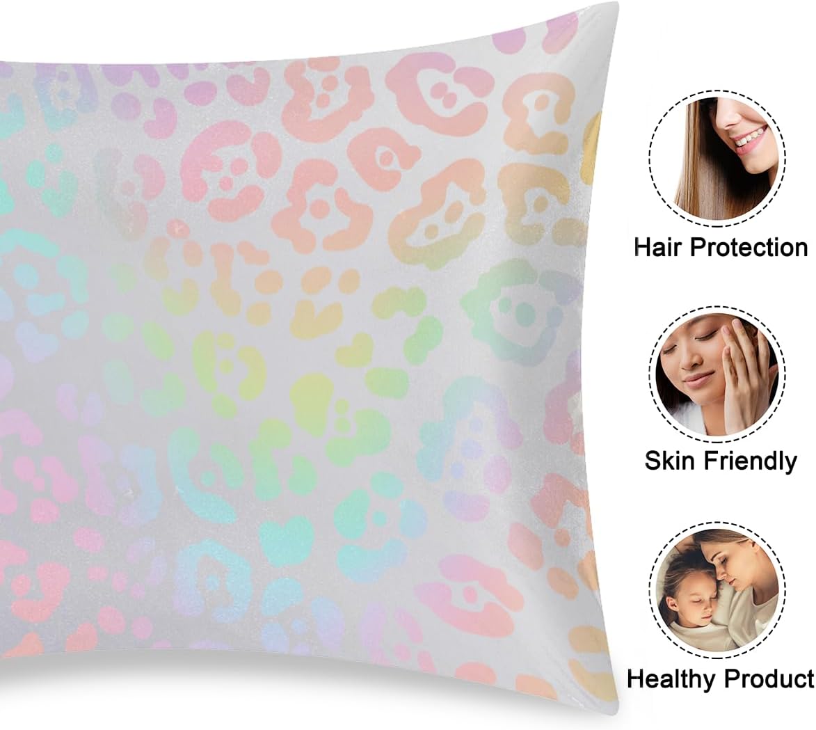 Rainbow Skin Leopard Satin Silk Pillowcase for Hair and Skin Pillow Cases Queen Size Soft Silk Pillow Case with Envelope Closure Print…
