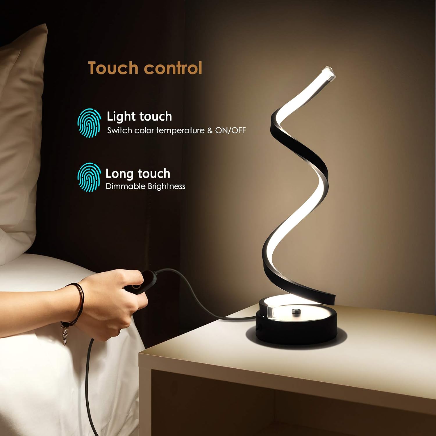 NUÜR Classic Spiral LED Table Lamp Black, Dimmable Metallic Bedside Lamp with Touch Controller, 3 Colour Temperature, 15.8 Inch Height…