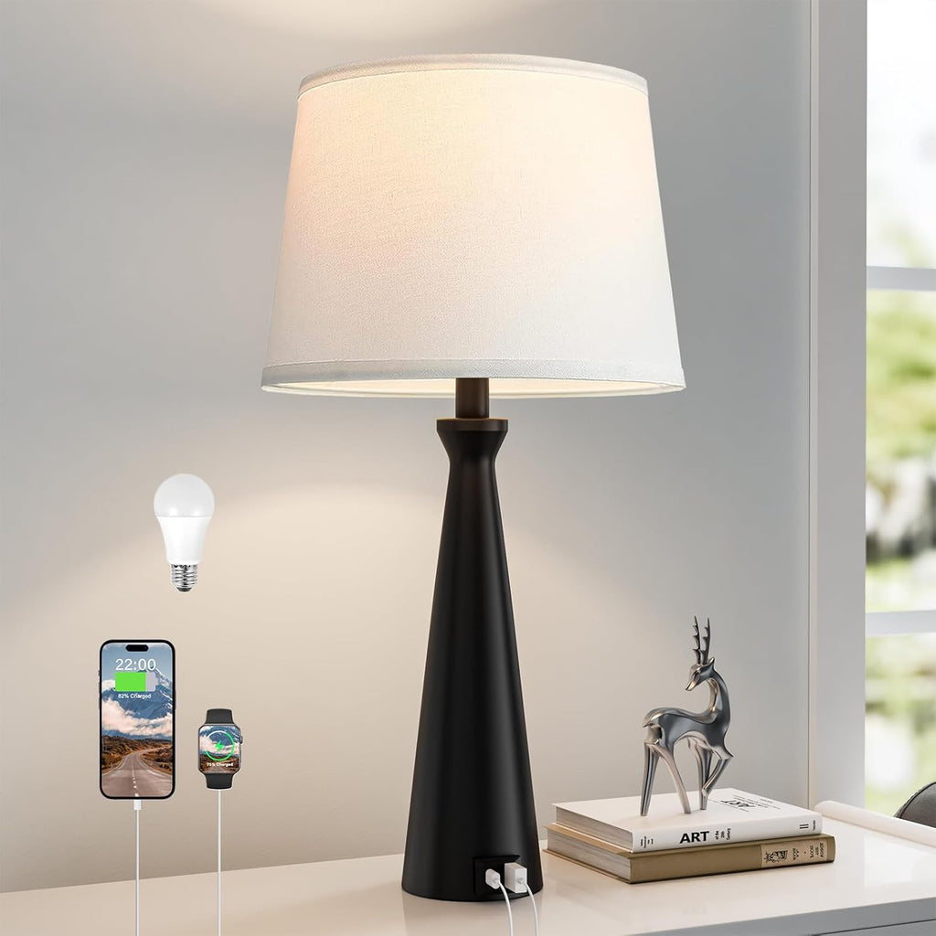 Seealle Single Modern Table Lamp - Touch Bedside Lamp for Nightstand with USB Dual C+A,3-Way Dimmable Black Nightstand Lamp for Living…