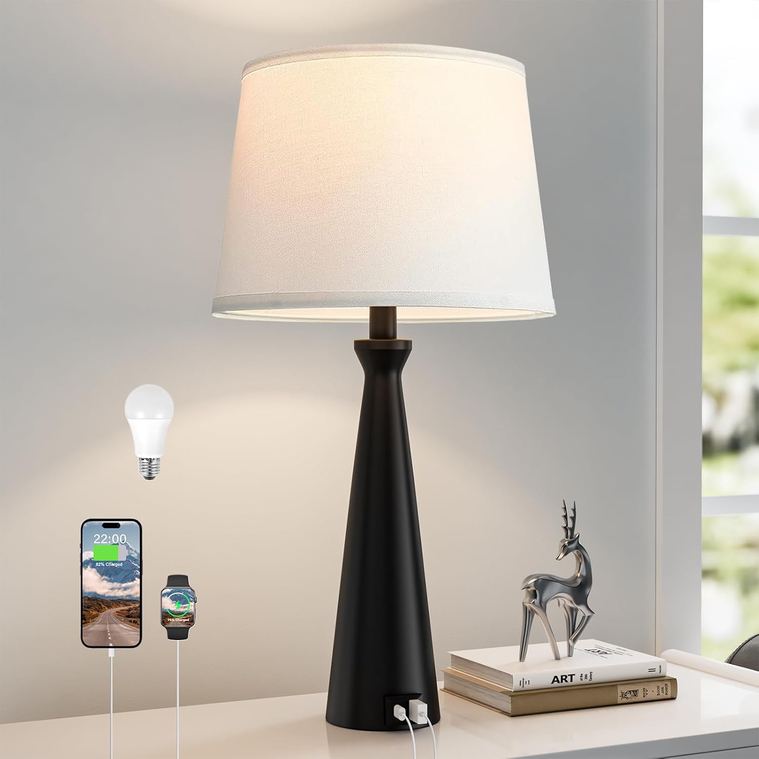 Seealle Single Modern Table Lamp - Touch Bedside Lamp for Nightstand with USB Dual C+A,3-Way Dimmable Black Nightstand Lamp for Living…