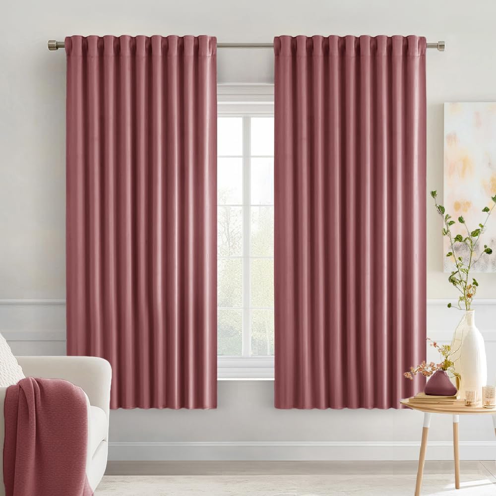 Miulee Dusty Rose Back Tab Blackout Curtains 63 Inch Length 2 Panels Set for Living Room Bedroom Privacy, Rod Pocket/Pinch Pleat Thermal In…