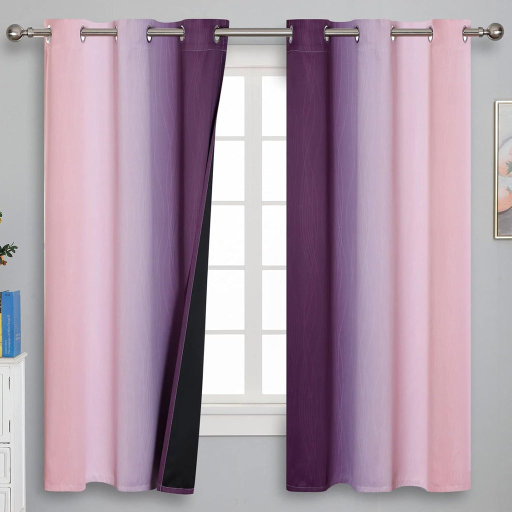 Estelartextiler Pink&Purple Curtains 63 Inch Length 2 panels, Full Light Blocking Ombre Blackout Curtains for Kids Room, Thermal Insulated…