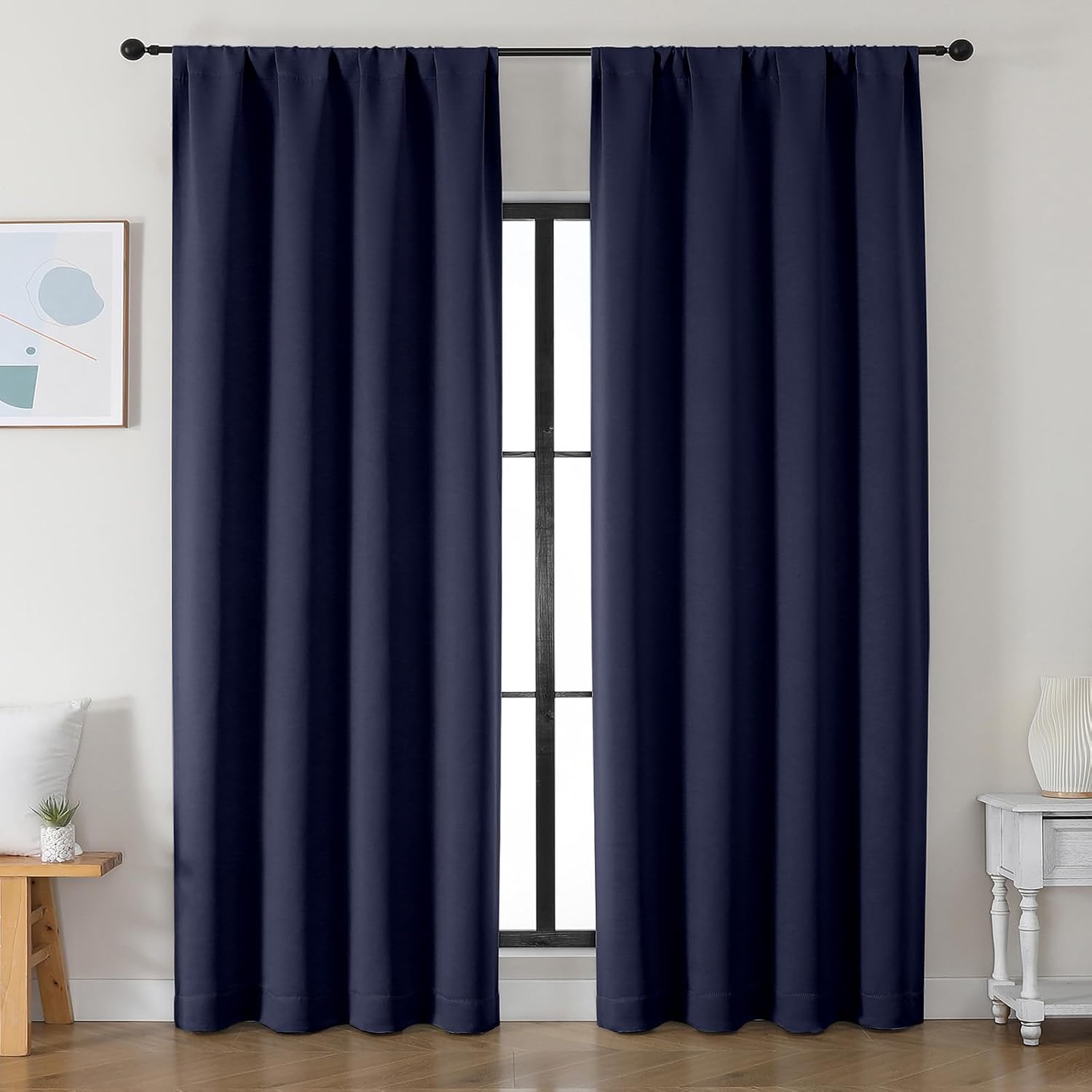 Simplebrand Ava Navy Blue Blackout Curtains for Bedroom 90 Inches Long 2 Panels Set, Solid Privacy Energy Saving Living Room Window Treatme…