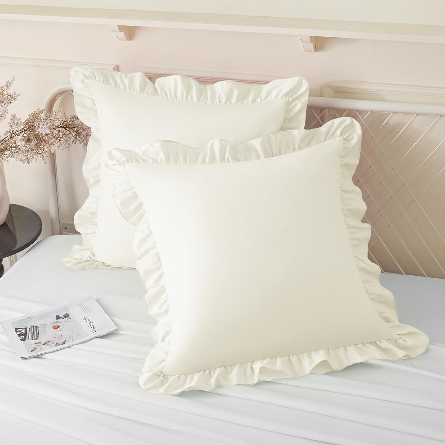 KKJIAF Ruffle Pillow Cases 26x26 Inches, Beige Square Ruffled Pillow Covers Set of 2, Microfiber Wrinkle Resistant Pillow Shams with…