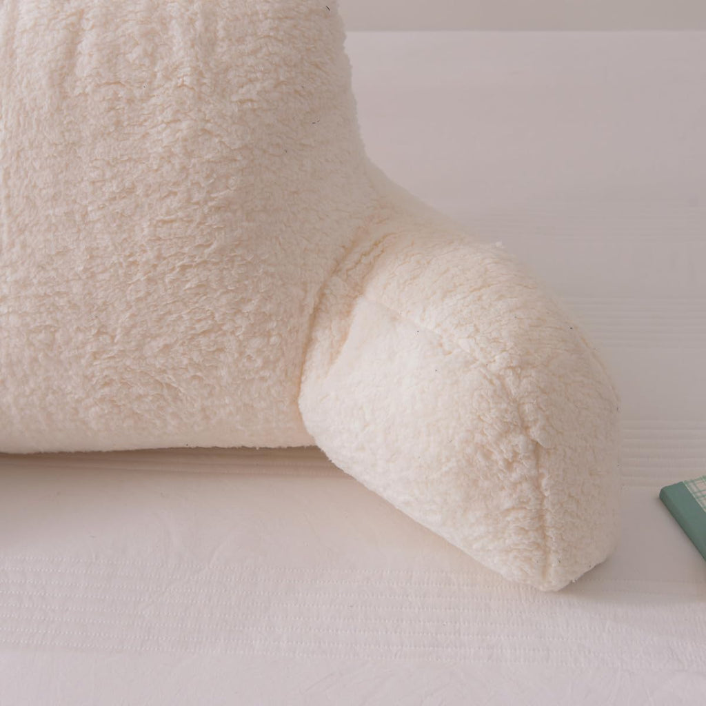 Ntbed Sherpa Reading Pillow for Backrest with Arms, Kids Adult Bed Rest Pillow Back Support for Sitting Up in Bed Chair Pillow(White) White