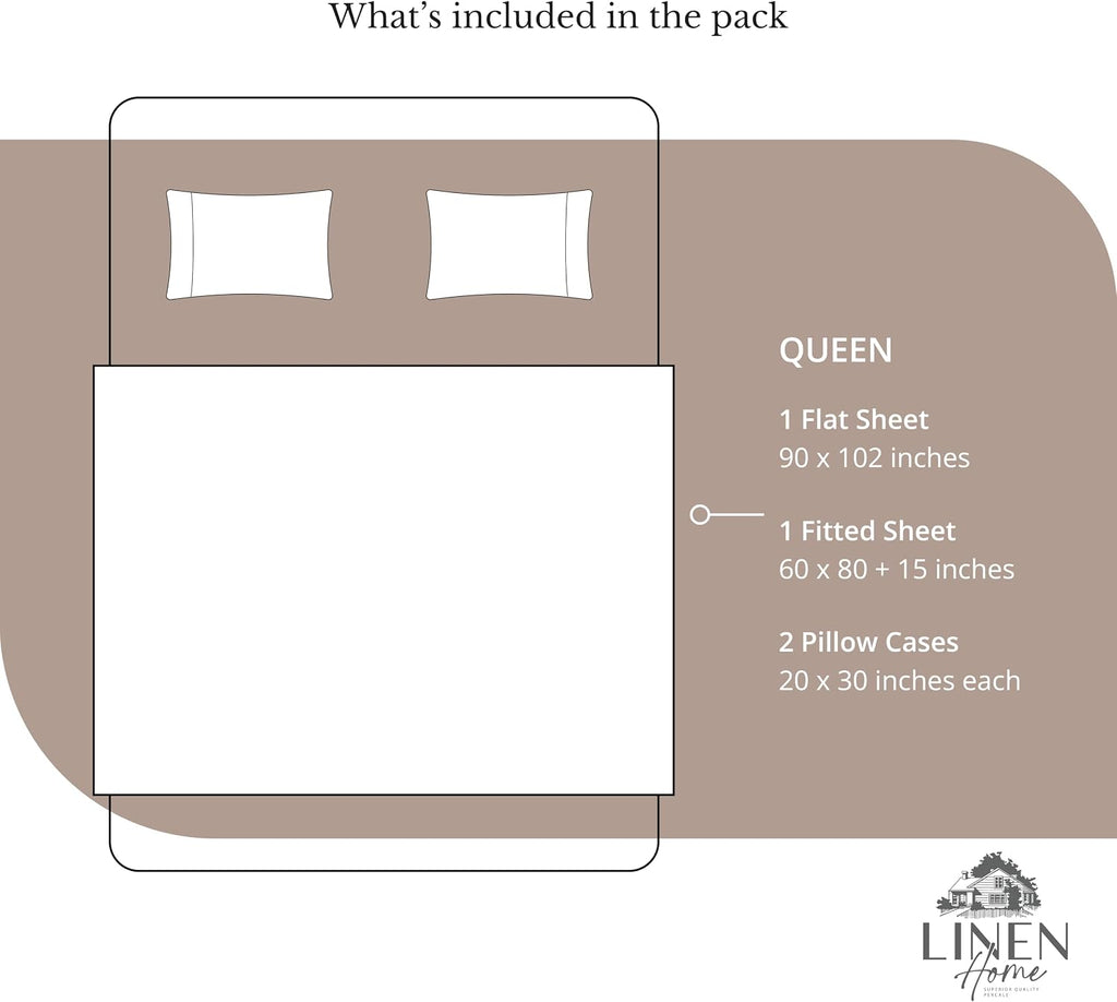 Linen Home 100% Cotton Percale Sheets Queen Size, Earthy Brown, Deep Pocket, 4 Pieces Set - 1 Flat, 1 Deep Pocket Fitted Sheet and 2…