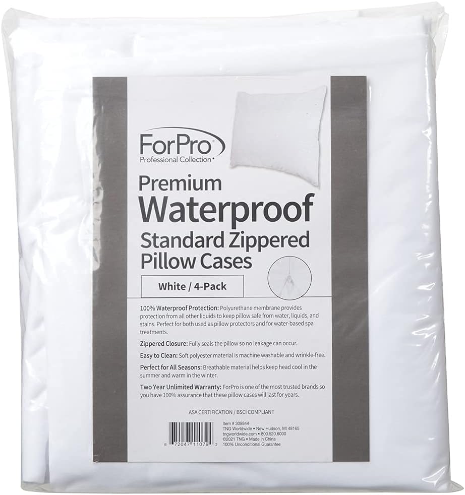 ForPro Professional Collection Premium Waterproof Pillow Protectors, Standard Size Pillow Cases with Zipper, White, 4-Count