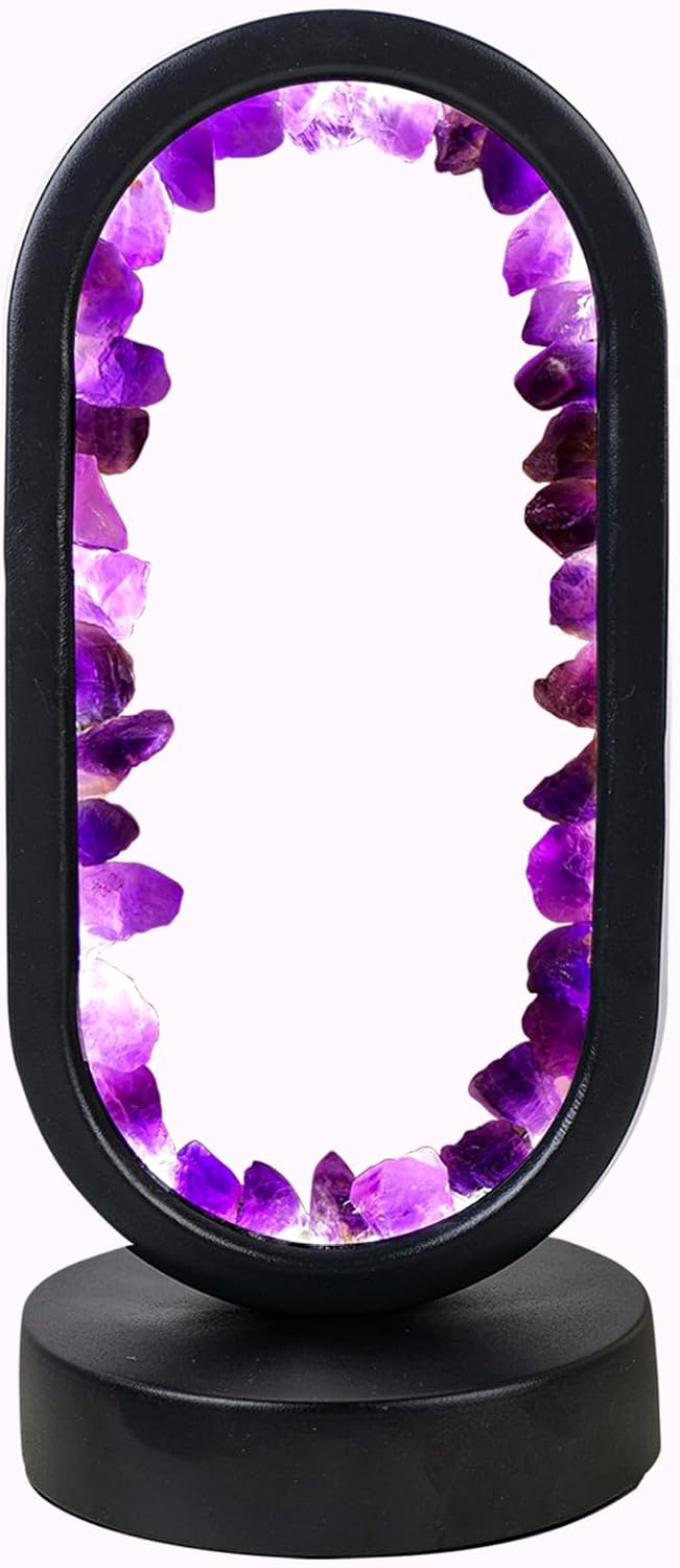Runyangshi Crystal Lamp Amethyst Raw Stone Ellipse Night Lamp Natural Healing Crystal Night Light Table Lamp Base USB Port 3 Colours Mode f…