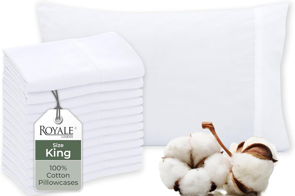 Royalelinens Royale Linens White Cotton Pillow Cases King Size Set of 12 - Bed Pillow Covers - 100% Cotton Pillowcases - Soft & Cooling - E…