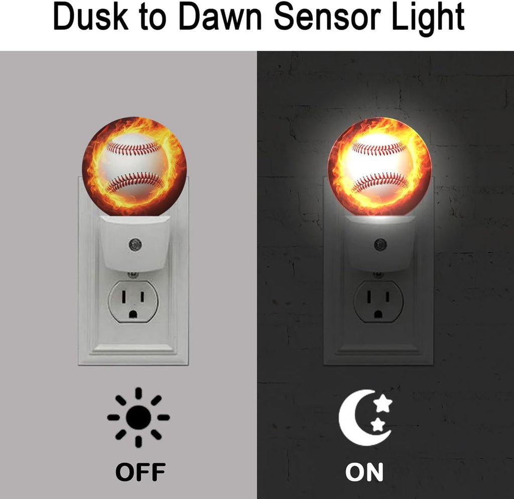 Baseball Fire Night Light Plug Into Wall Auto Led Sleep Round Lamp for Living Room Hallway Stairs