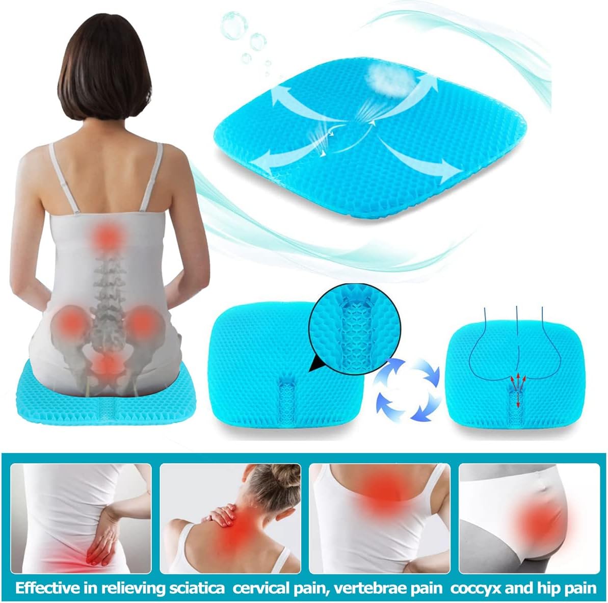 masteymoh Gel Seat Cushion for Long Sitting, Gel Cushions for Pressure Sores Relief, 18.5x17.3x1.2 Inches Cooling Gel Car Seat Cushion…