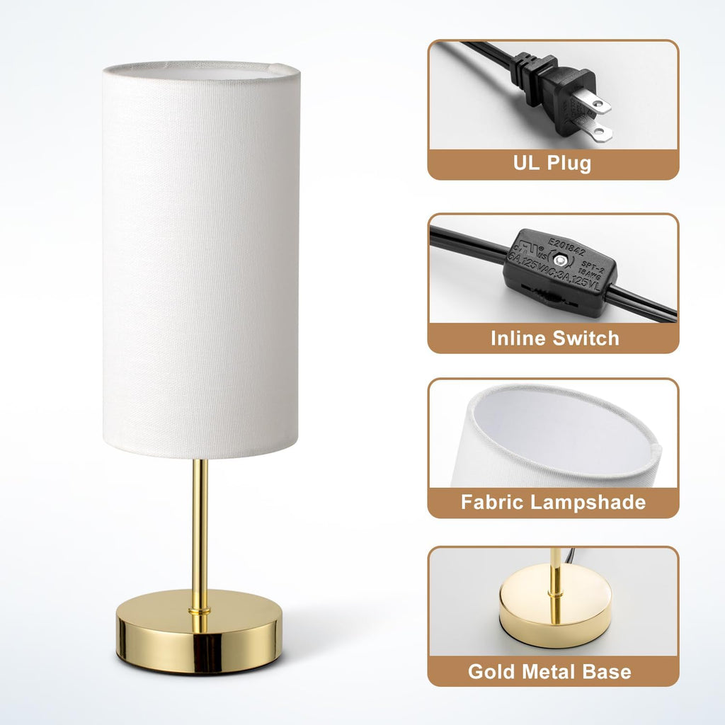Small Nightstand Table Lamp for Bedroom, Round White Fabric Shade and Gold Metal Base, Modern Minimalist Bedside Lamps for Dresser…