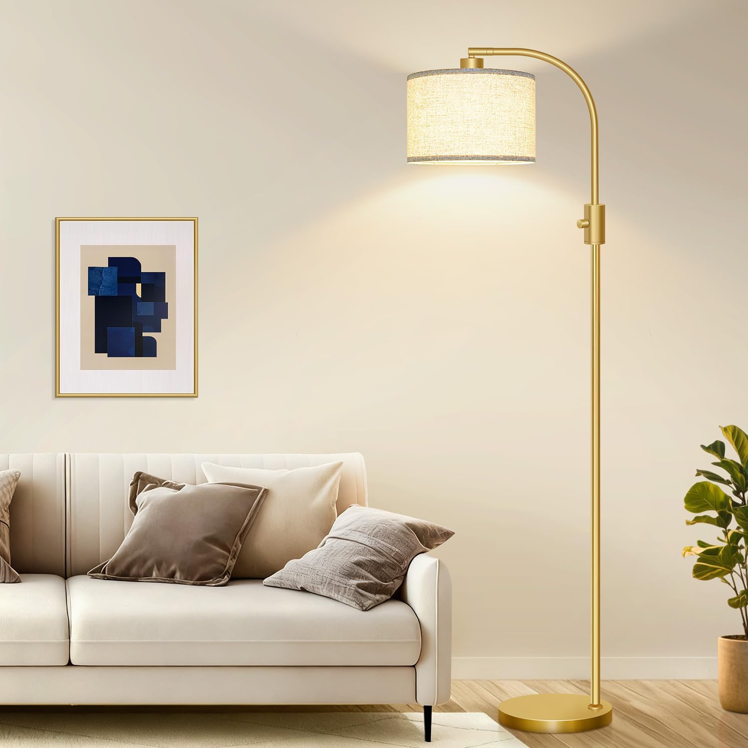 Nintiue Upgraded Modern Arc Dimmable Tall Standing Floor Lamp with Linen Shade, 1200 Lumens LED Bulb Included, for Living & Reading Room…