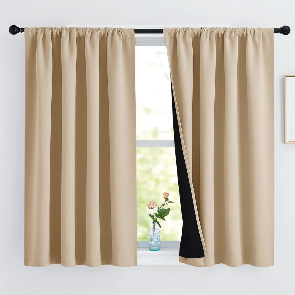 Nicetown Bedroom Full Blackout Curtain Panels, Super Thick Insulated Rod Pocket Window Covers, Blackout Draperies with Black Liner for Shor…