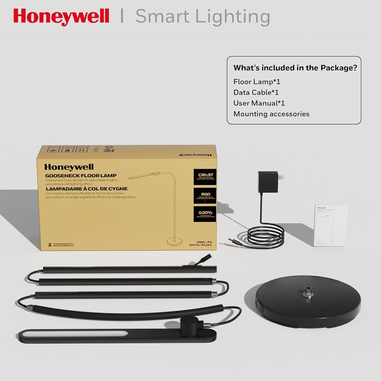 HoneywellAirComfort Honeywell LED Floor Lamp for Reading, CRI97 Full Spectrum Gooseneck Floor Lamp, Eye-Caring Dimmable Standing Task Light…