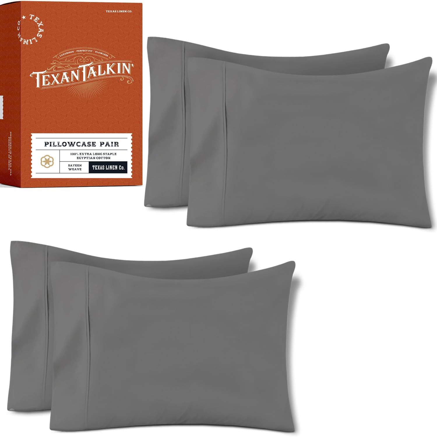 TEXAS LINEN CO. 100% Egyptian Cotton King Size Pillow Cases Set of 4 - Luxury Texan Talkin' Collection 600 Series Cotton King Pillowcases…