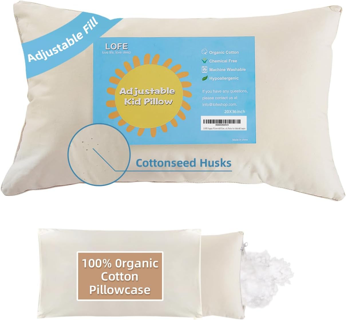 Organic Pillow with Pillowcase - 20x36 King Size Pillow with 100% Organic Cotton Shell, Adjustable Loft Organic King Plilow, Machine…