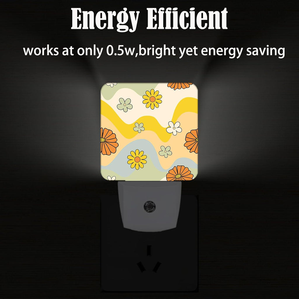 Waves and Floral Night Light, Plug Into Wall for Boys Girls Bedroom Decorative Square Night Light Lamp 0.5w Sleep Friendly