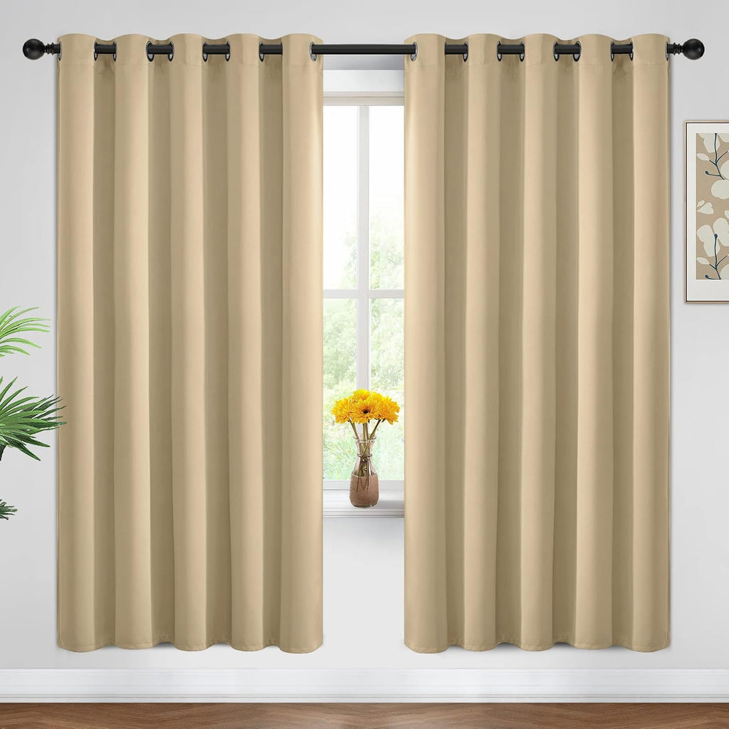 Yakamok Blackout Curtains Room Darkening Thermal Insulated Window Panels, Solid Grommet Top Drapes for Bedroom/Living Room(62Wx72L, Beige…