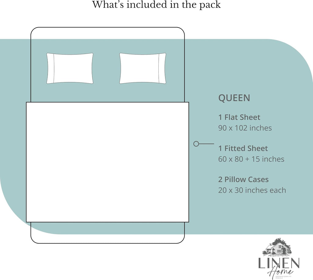 Linen Home 100% Cotton Percale Sheets Queen Size, Aqua Blue, Deep Pocket, 4 Pieces Set - 1 Flat, 1 Deep Pocket Fitted Sheet and 2…