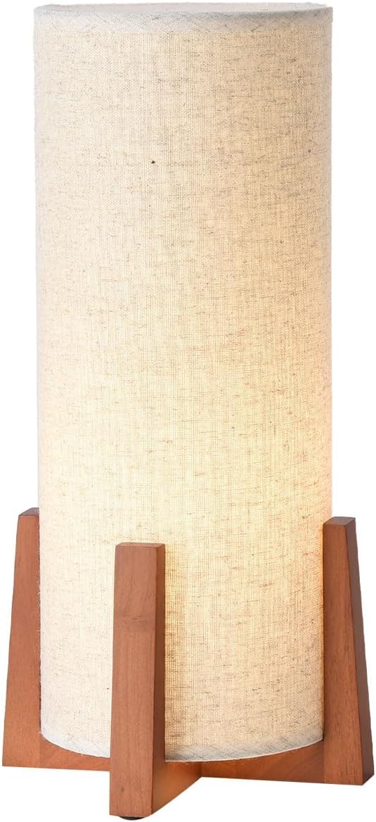 KUNJOULAM Modern Table Lamps, Nightstand Lamp with Linen Fabric Shade Brown Wooden Base, 13.9" Cylinder Bedside Table Lamp for Bedroom…