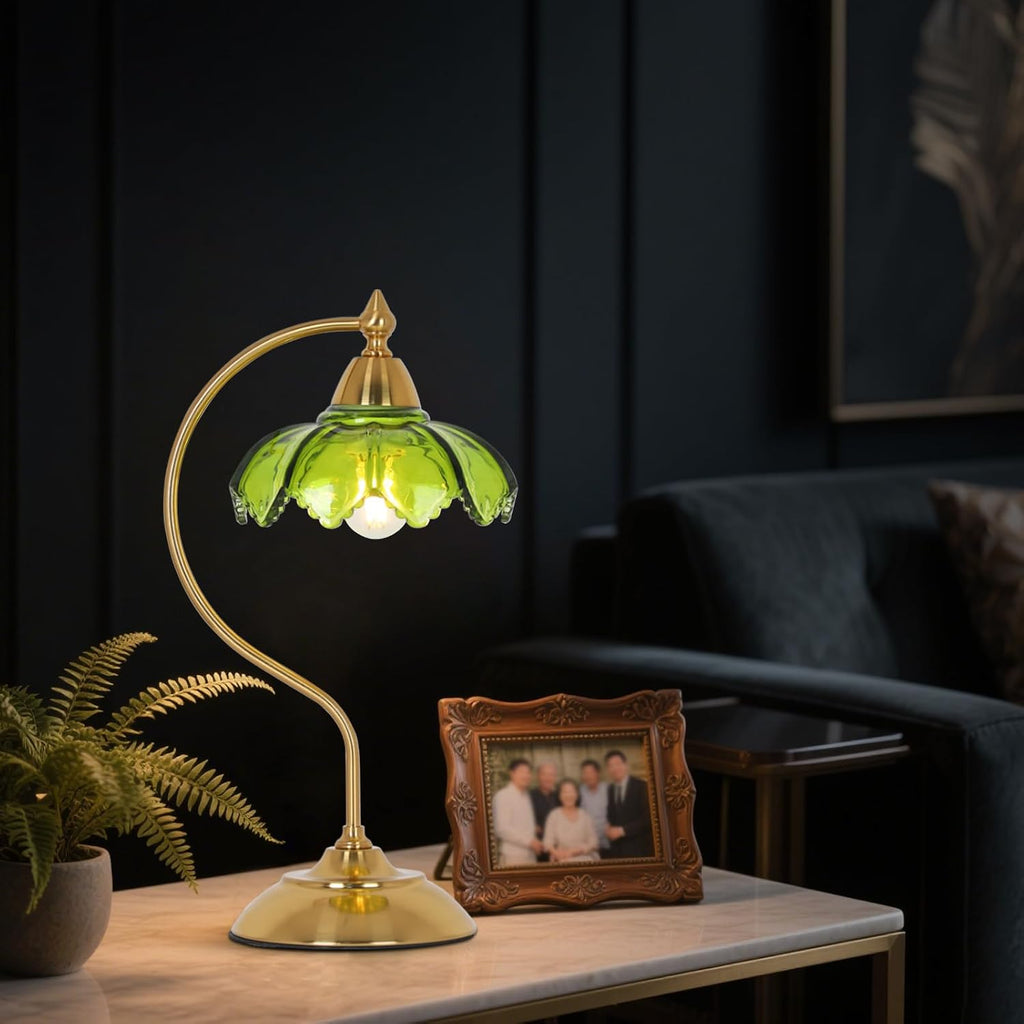 Glass Beside Table Lamp for Bedroom, Plug In Gold Desk Lamp, Vintage Flower Nightstand Lamp, Table Lamps for Living Room, Small Desk…