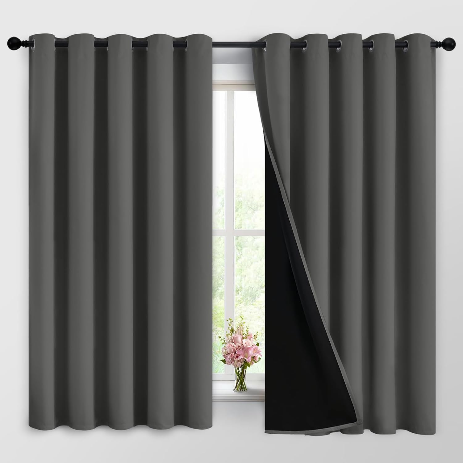 Yakamok Dark Grey Full Shade Curtain Panels, Heavy Duty Lined Curtains 63 Inches Long, Thermal Insulated Room Darkening Curtains with Black…
