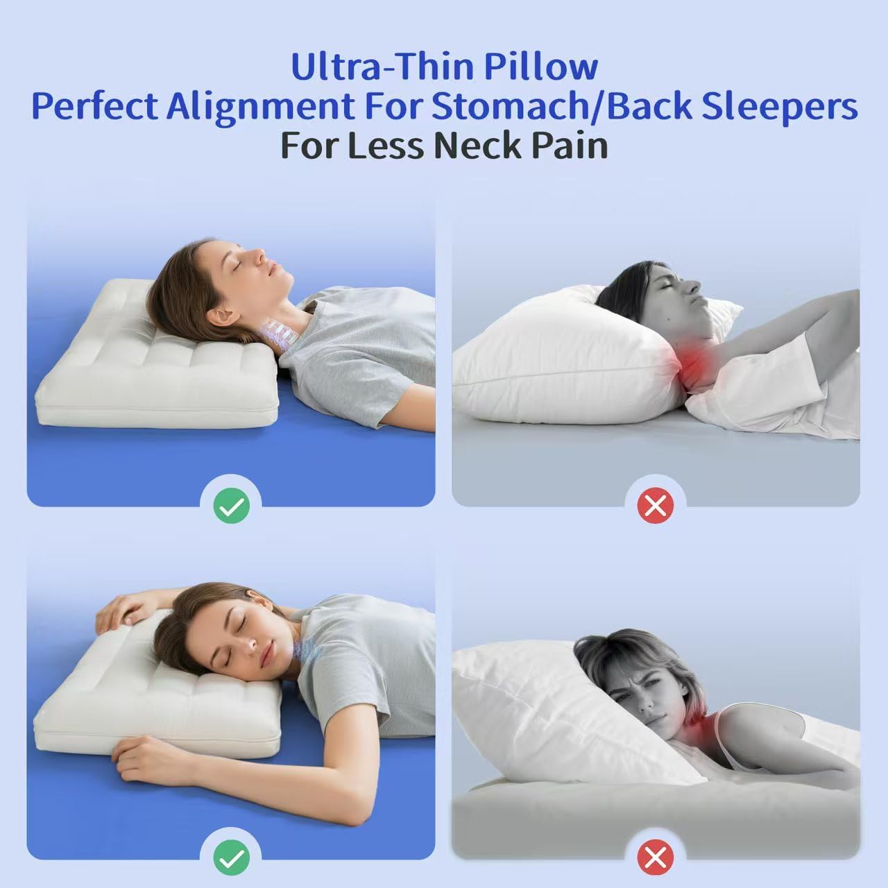 Flat Pillow - Ultra Thin & Adjustable Low Pillow for Side Back Stomach Sleepers, Relief Neck & Shoulder Pain, Customizable Support with…