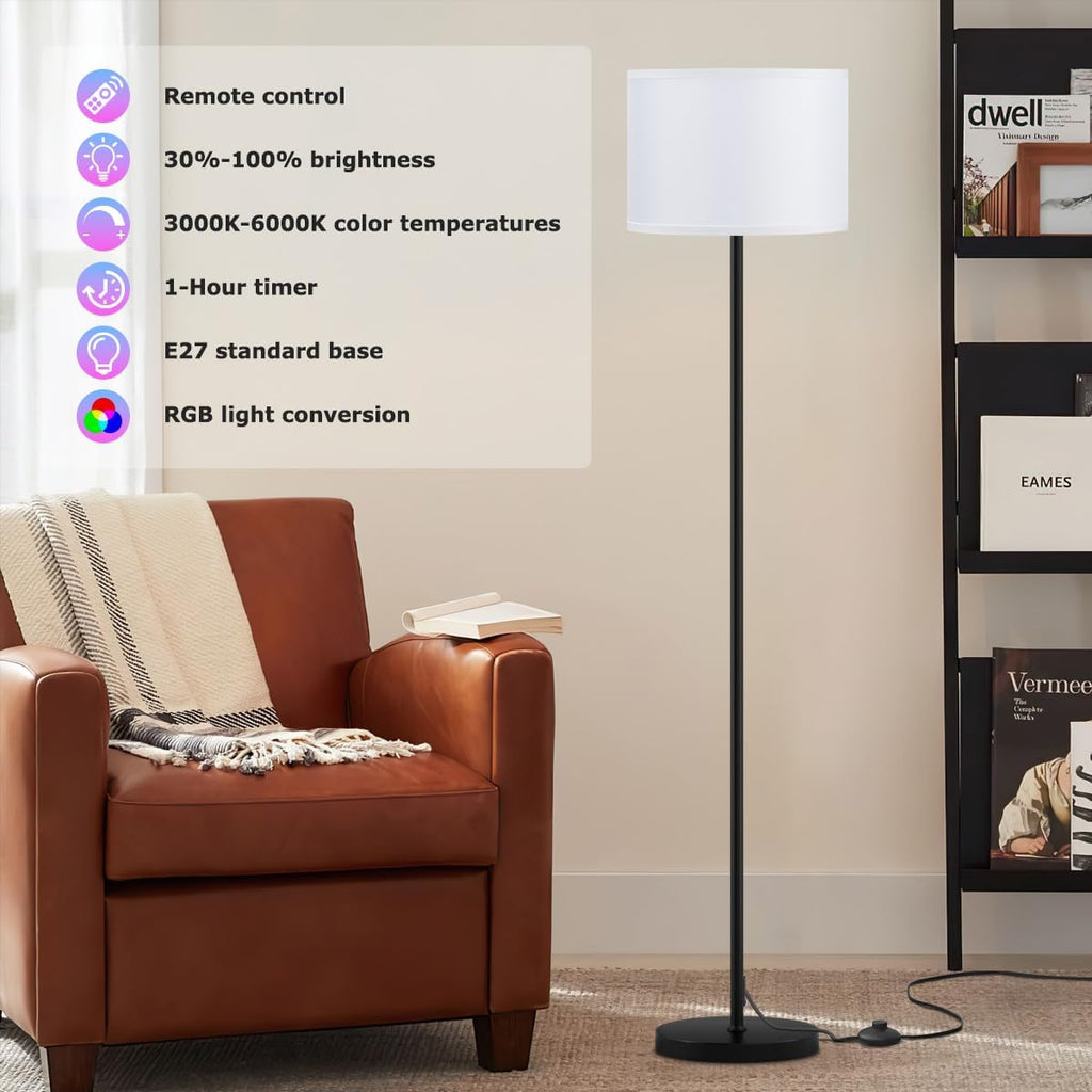 Ambimall Floor Lamp for Living Room with Smart Light Bulb, RGB + Stepless Dimmable Colors Temperature & Brightness(White Shade & Black Pole…