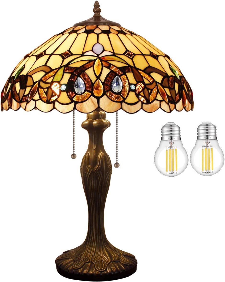 WERFACTORY Tiffany Style Table Lamp Colorful Stained Glass Serenity Victorian Bedside Lamp16X16X24 Inches Desk Light Metal Base Decor…