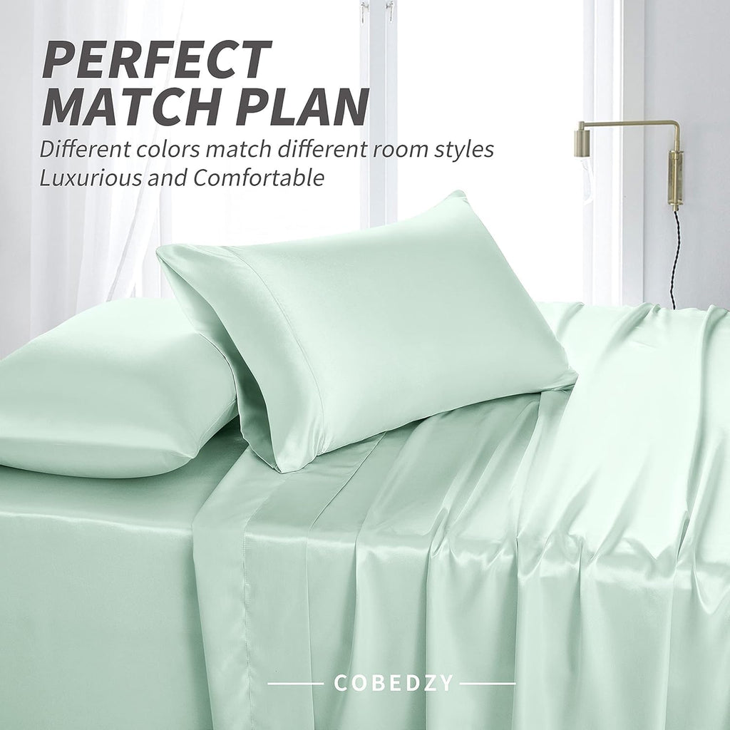 Cobedzy 3 Pcs Mint Green Satin Sheets Twin XL Size Silky Satin Bedding Sheets Set with 1 Deep Pocket Fitted Sheet, 1 Flat Sheet, 1 Pillowca…