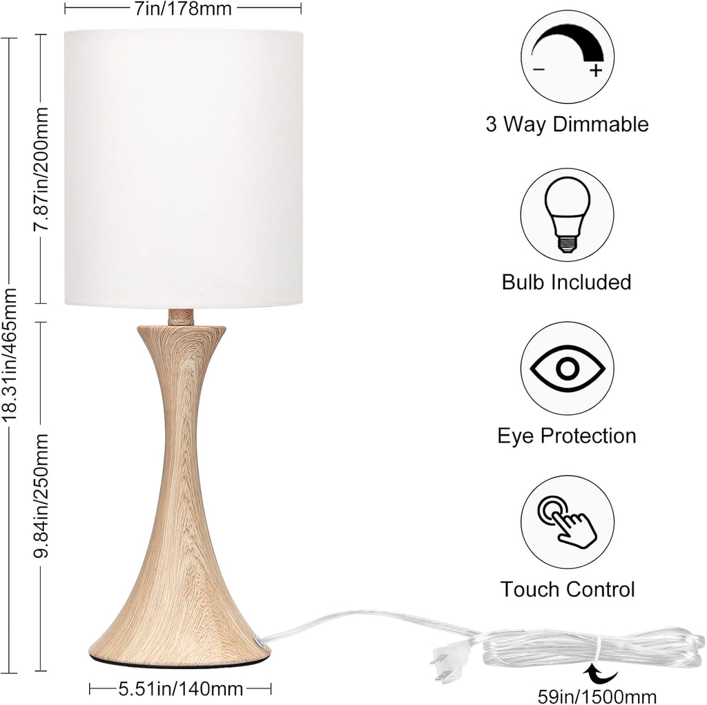 Bedside Touch Lamp, 3 Way Dimmable Touch Control Table Lamp, Wood Grain Farmhouse Table Lamp, Modern Nightstand Lamp with White Shade for…