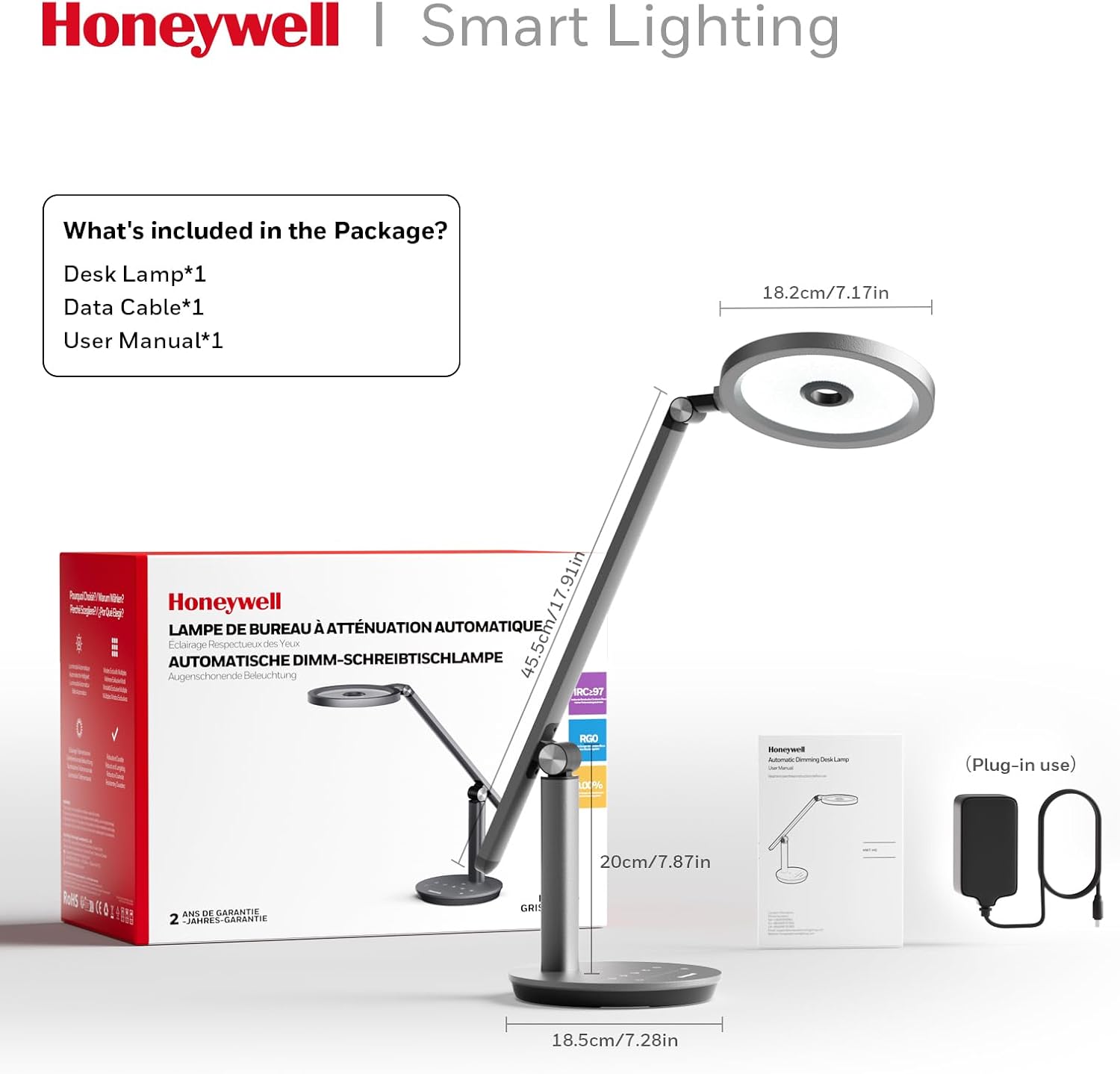 Honeywell Desk Lamp for Home Office, H6 SunturaluxTM Eye-Caring Led Desk Light, 800LM Dimmable Desk Lamp with Timer, Touch Control Tall…