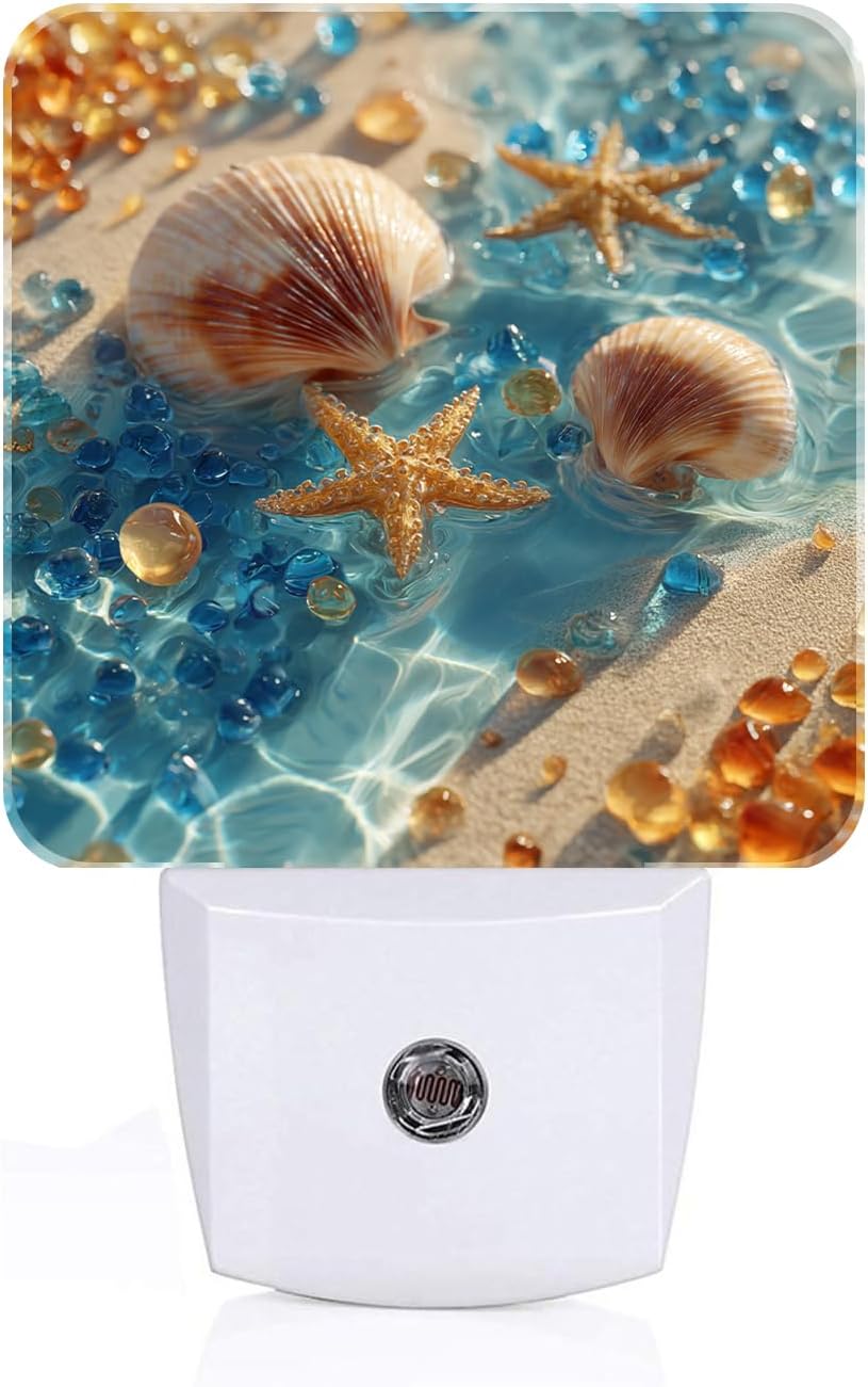 Starfish and Seashell On Beach Night Light, Plug-in Night Lights with Dusk-to-Dawn Sensor for Stairway, Hallway, Bedroom Sleep Friendly…