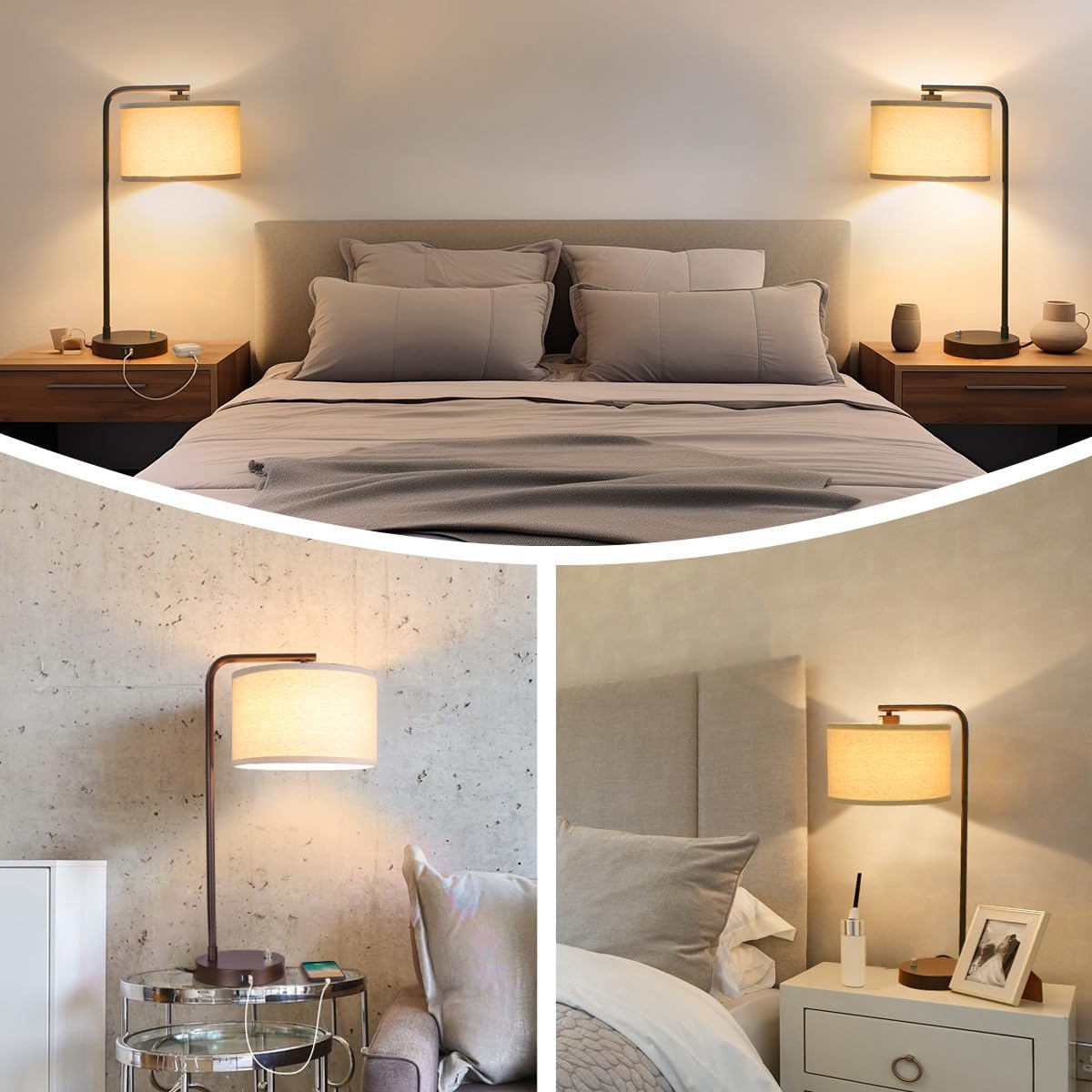 Table Lamps Set of 2, Fully Dimmable Bedside Lamp with USB C+A Charging Ports, Modern Nightstand Lamps with Linen Fabric Shades, Tall…