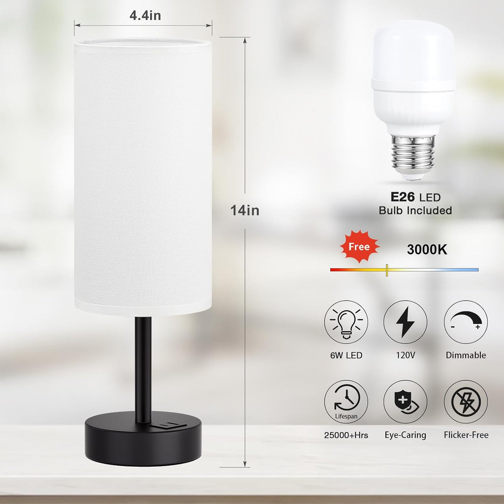 Dicoool White Touch Table Lamp with USB - 3 Way Dimmable Bedside Lamp for Nightstand, Bedroom Lamp with Black Charging Station for Desk…
