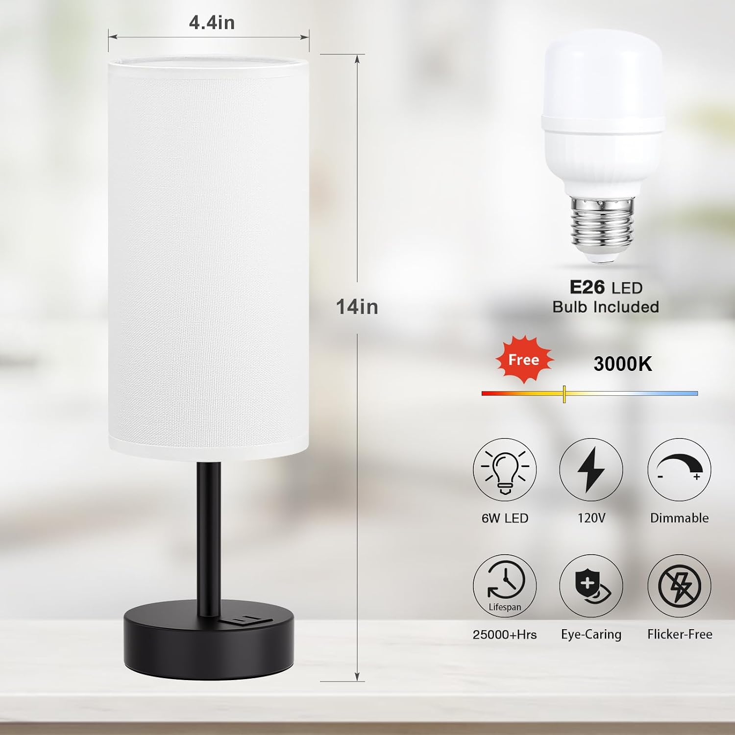 Dicoool White Touch Table Lamp with USB - 3 Way Dimmable Bedside Lamp for Nightstand, Bedroom Lamp with Black Charging Station for Desk…