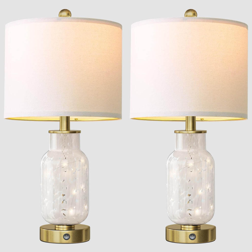 Oneach 22" Glass Table Lamps Set of 2, White Modern Bedside Lamp with LED Night Light for Living Room, Nightstand Lamp with USB Ports for B…