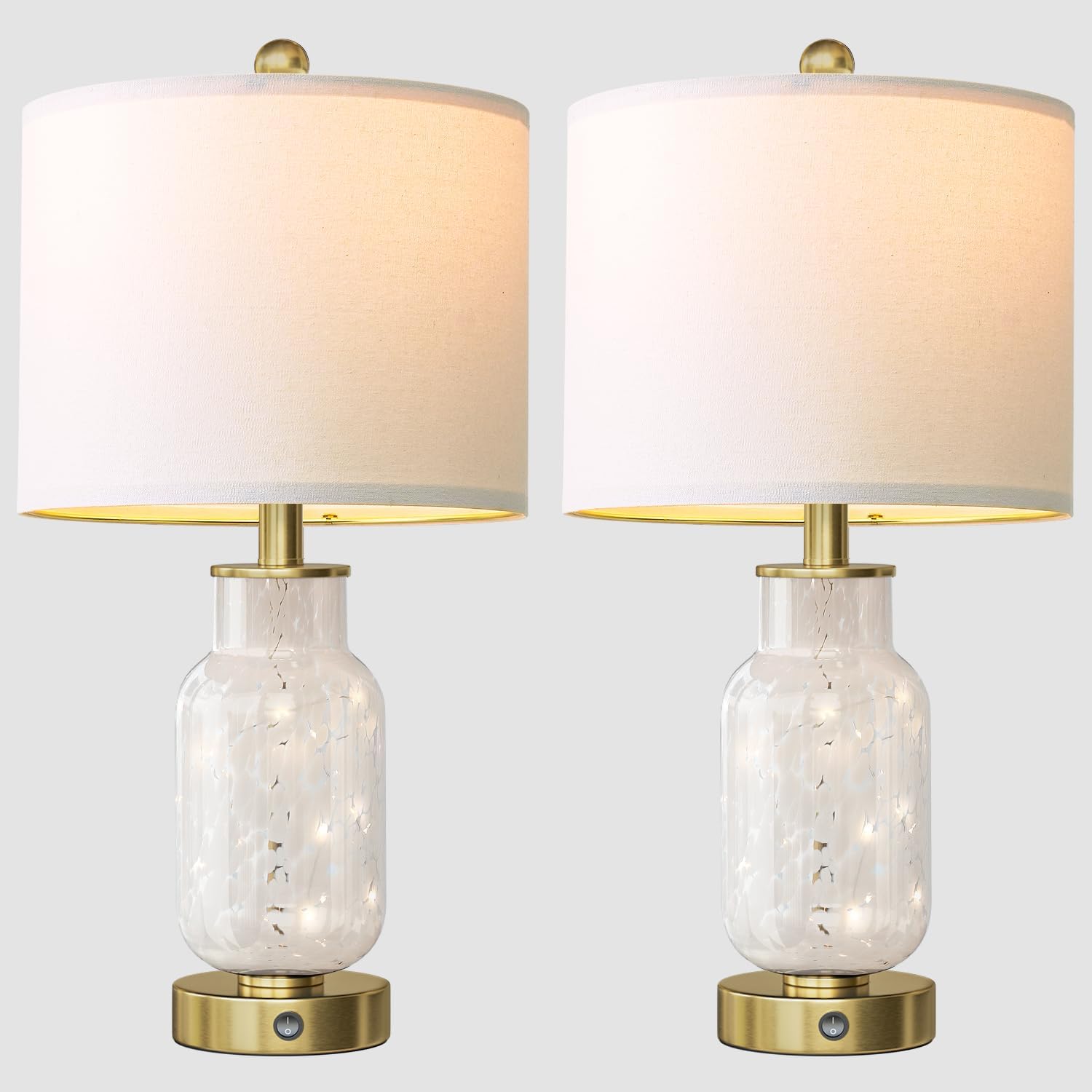 Oneach 22" Glass Table Lamps Set of 2, White Modern Bedside Lamp with LED Night Light for Living Room, Nightstand Lamp with USB Ports for B…