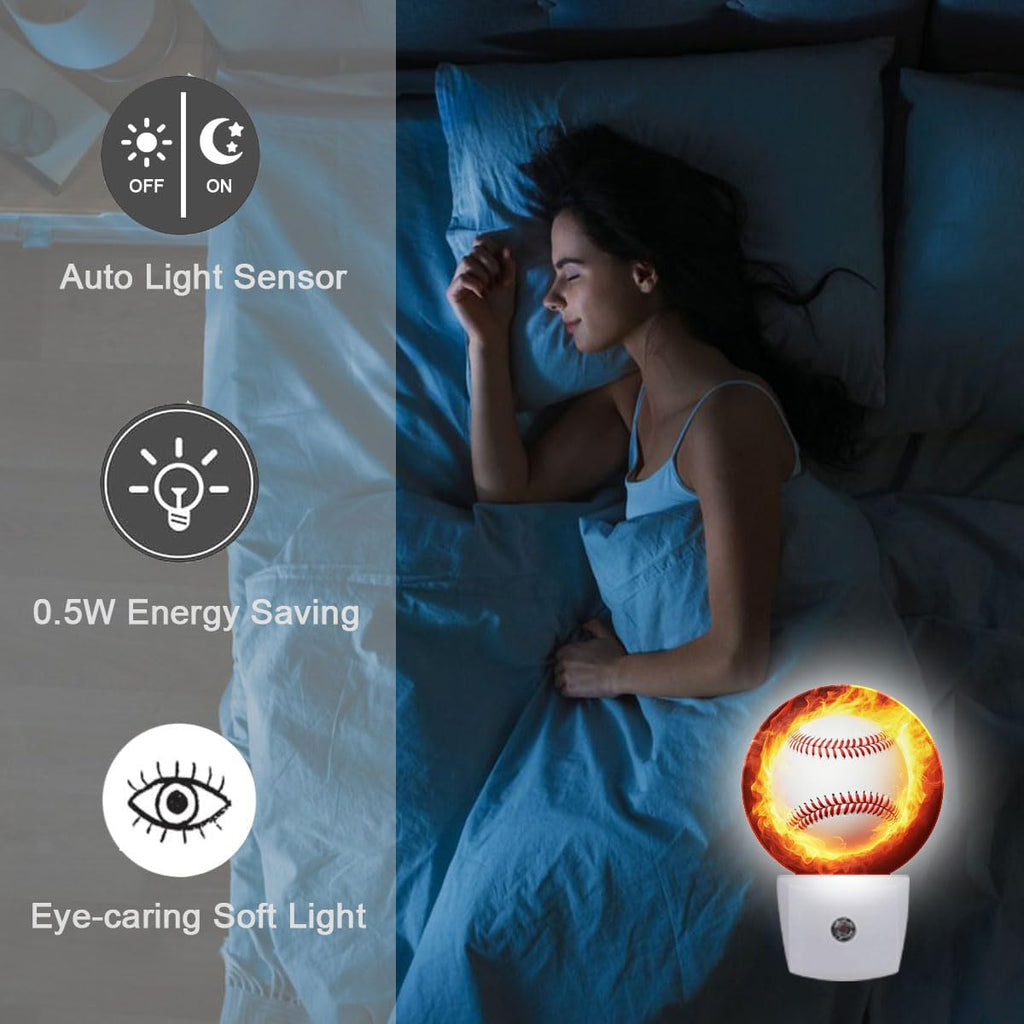 Baseball Fire Night Light Plug Into Wall Auto Led Sleep Round Lamp for Living Room Hallway Stairs