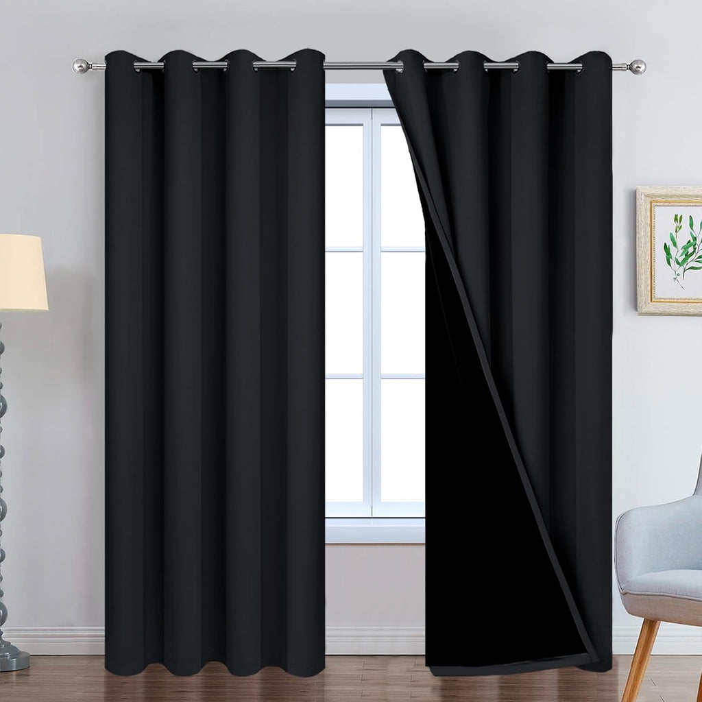Yakamok 90 Inch Length 100% Blackout Curtains for Bedroom, 2 Thick Layers Thermal Insulated Grommet Total Blackout Drapes with Black Liner…