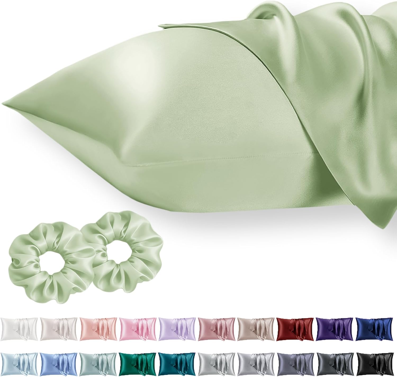 Vielit Standard Satin Pillowcase for Hair 2pc, Similar to Silk Pillow Cases, for Women Men, Green,20x26 & Envelope Closure and 2 Satin Scrunc…
