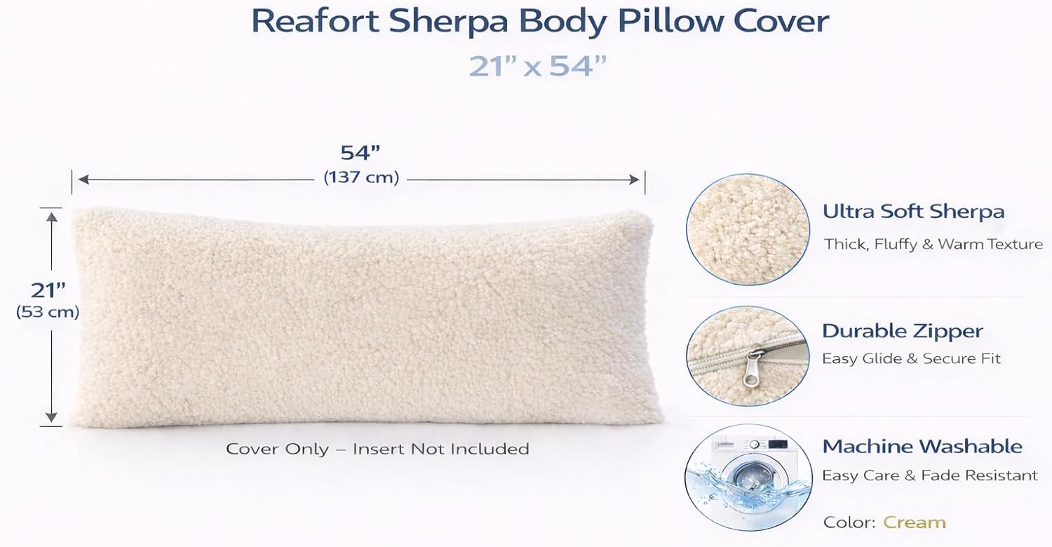 Reafort Sherpa Body Pillow Cover 21" x 54", Plush Fleece Long Body Pillowcase with Zipper Closure, Ultra Soft Fluffy Cozy Decorative…