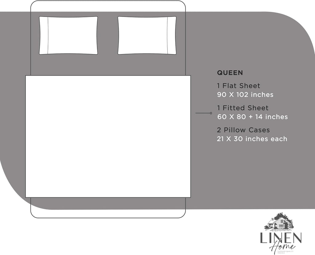 Linen Home 100% Cotton Percale Sheets Queen Size, Charcoal, Deep Pocket, 4 Pieces Set - 1 Flat, 1 Deep Pocket Fitted Sheet and 2…