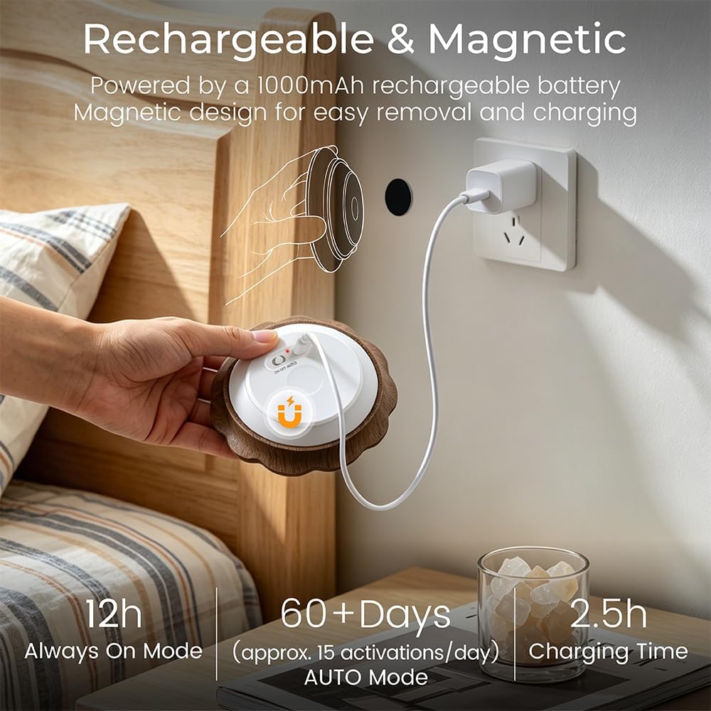 Motion Sensor Night Light Wooden Carved Flower USB Rechargeable Stick-On Step Lights Magnetic Mini Wall Lights for Hallway Bedroom Living…