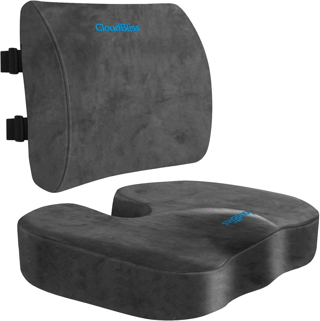 CloudBliss Lumbar Support Pillow & Seat Cushion Set for Office Chair, Desk Chair, Wheelchair & Car – Memory Foam Back Support, Ergonomic Ch…