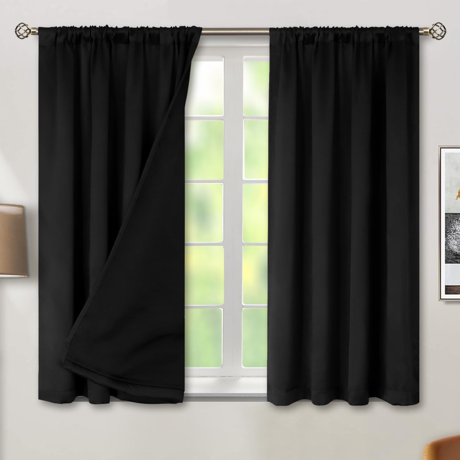 BGment Black Blackout Curtains for Bedroom 54 Inch Length, Rod Pocket 100% Blackout Curtains with Thermal Liner Light Blocking Curtains…