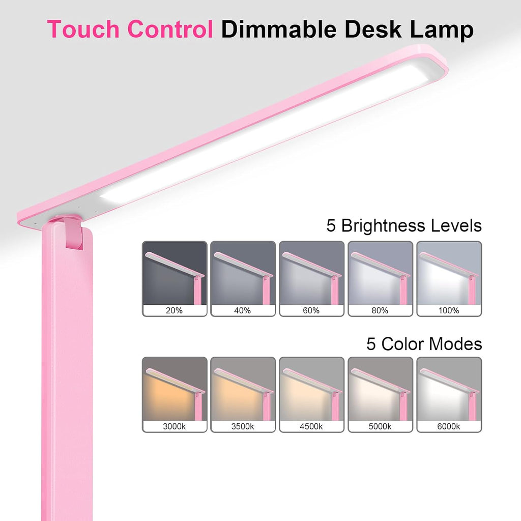 WhiteCrown White crown LED Desk Lamp Dimmable Table Lamp Reading Lamp with USB Charging Port, 5 Lighting Modes, Sensitive Control, 30/60 Mi…