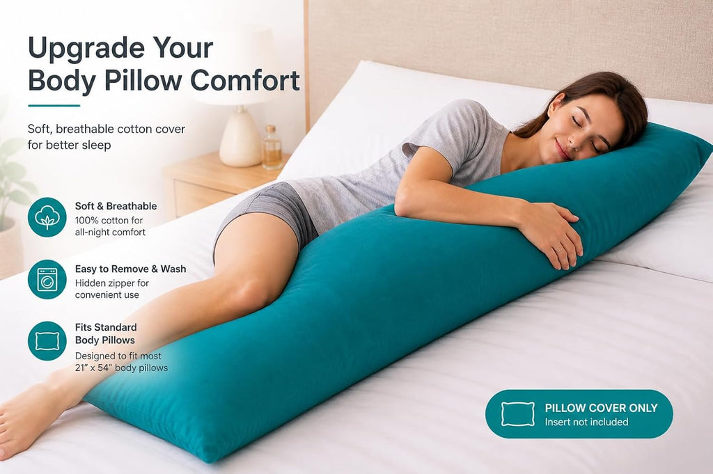 Evolive 300 Thread Count 100% Cotton Body Pillow Cover, 21" x 54", Soft Breathable Replacement Pillow Case with Hidden Zipper Closure (Teal…